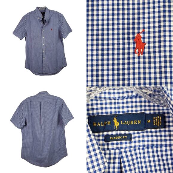 Polo Ralph Lauren Shirt Men's Medium Blue White Gingham Plaid Button Down Preppy - Picture 1 of 9